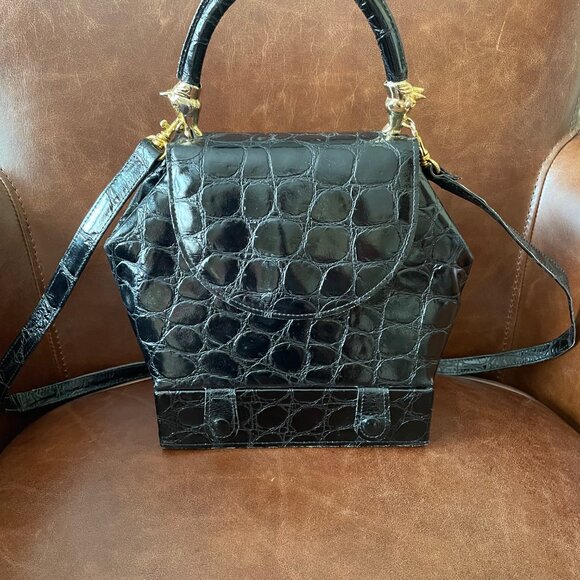 Carla Mancini Paris Vintage Black Croc Embossed Leather Shoulder/ Hand Bag - Picture 1 of 15